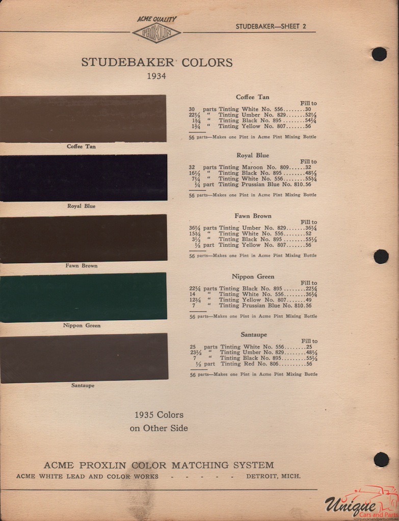 1934 Studebaker Paint Charts Acme 1